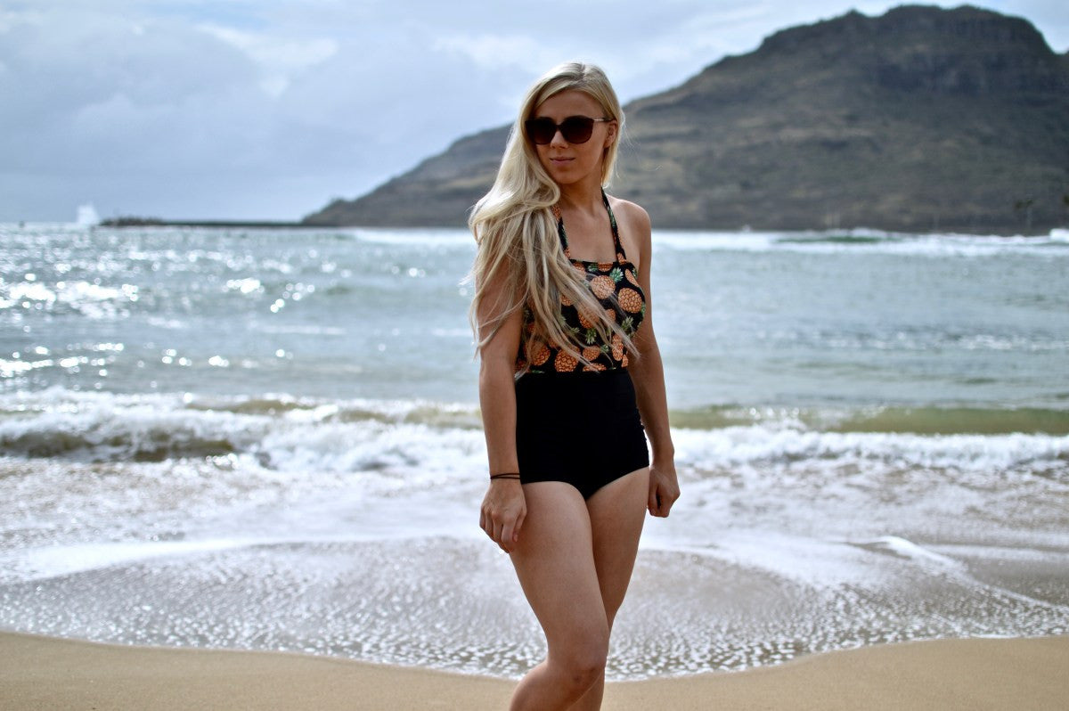 Pineapple Print Swimsuit Modest Swimwear Two Piece High Waisted